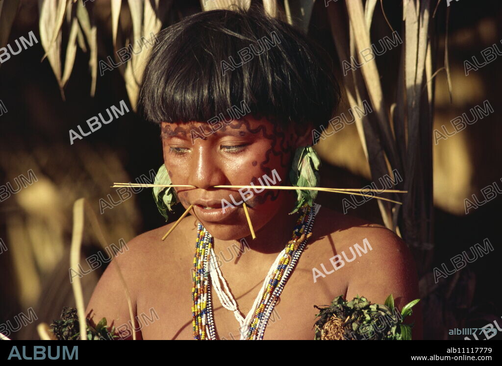 Portrait of a Yanomami woman with nose sticks and facial decoration in Brazil, South America.