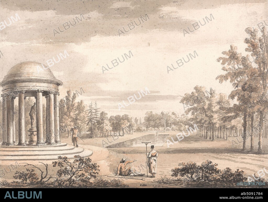 A View of the Rotunda in the Garden at Stowe, Buckinghamshire, Jean B. C. Chatelain, 17101771, French, 1753, Watercolor and graphite on medium, slightly textured, cream laid paper, Sheet: 9 1/8 x 12 3/4 inches (23.2 x 32.4 cm), architectural subject, columns, gardeners, gardens, pool, rakes, rotundas (interior spaces), statuary, statues, trees, views, water, Buckinghamshire, England, Europe, Stowe, Stowe Landscape Gardens, United Kingdom.