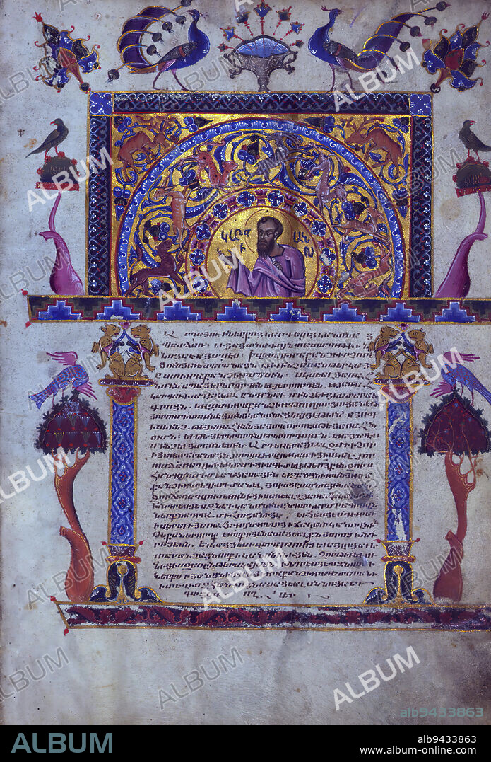 T'oros Roslin Gospels, Decorated page with image of Carpianus, This manuscript was made in 1262 by Toros Roslin, an extremely prominent illuminator, who extended the range of manuscript illuminations by introducing a whole cycle of images into the gospels rather than, as was traditional, only including the portraits of the evangelists. This particular manuscript was created at the scriptorium of Hromkla, which became the leading artistic center of Armenian Cilicia under the rule of catholicos Constantine I (1221-1267).Toros created this manuscript under commission from the nephew of Constantine, a priest also named Toros. It is one of seven known manuscripts bearing Toros Roslins signature, and it is the most sumptuous of them all, with 15 miniatures and 67 smaller illustrations. The style of the images suggests that Toros had several assistants helping with the illustrations, though the overall quality remains extremely high. The manuscript was long cherished within the Armenian church. Even in the seventeenth century, its illumination served as a model for Armenian scribes, particularly Bargham and his son Mikayel; in the latter manuscript, Mikayel explicitly refers to 'the excellent scribe Toros, surnamed Roslin.'.