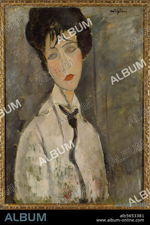 AMEDEO MODIGLIANI. Modigliani, Amedeo. Italian painter; 1884-1920. "La femme à la cravatte noir" (Portrait of a Woman in a Black Tie), 1917. Oil on canvas, 65 × 50 cm. Private Collection.