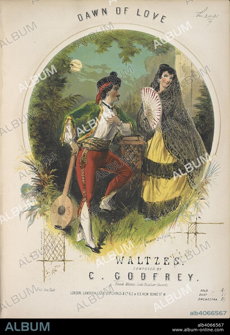 CHARLES GODFREY. Music cover depicting a romantic scene; A man serenading a woman. Dawn of Love waltzes. [P. F. with cornet accompaniment.]. London, [1864]. Source: h.2931.(9).
