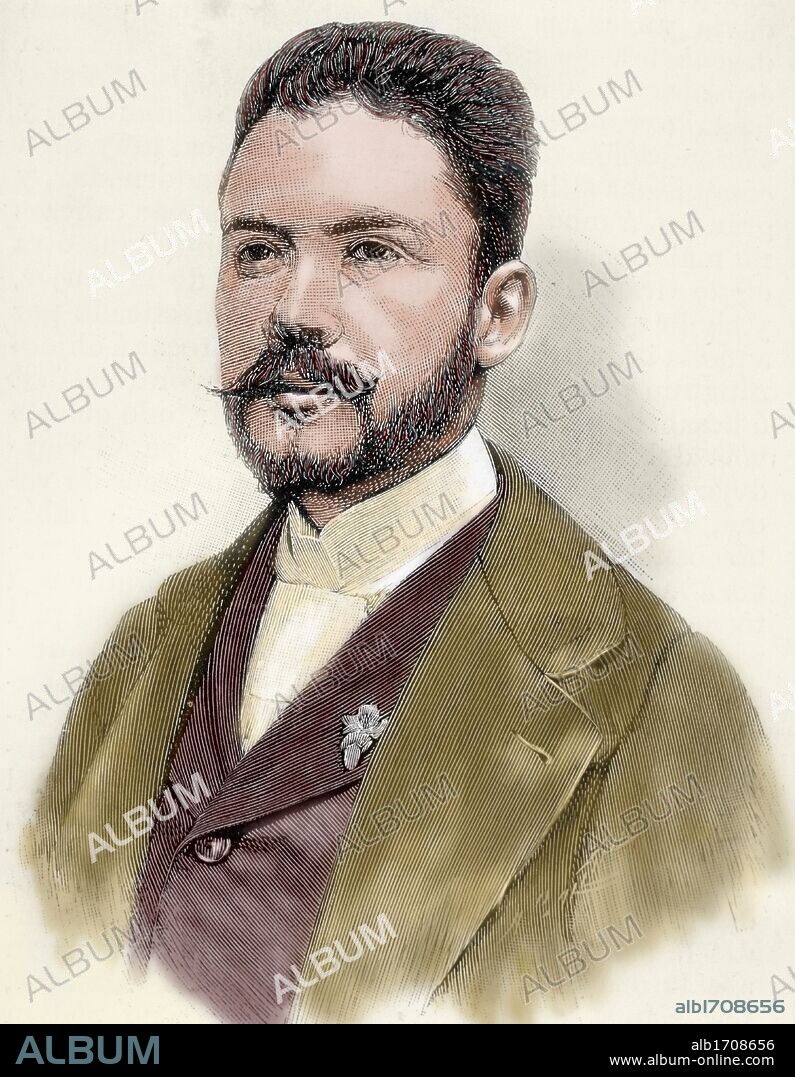 DARIO, Rubén (Metapa,1867-León,1916). Poeta nicaragüense. De entre sus obras destacan: "Primeras notas: epístolas y poemas" (1886), "Rimas y Azul" (1888) y "Cantos de vida y de esperanza" (1905). Grabado de A. Carretero. Coloreado.