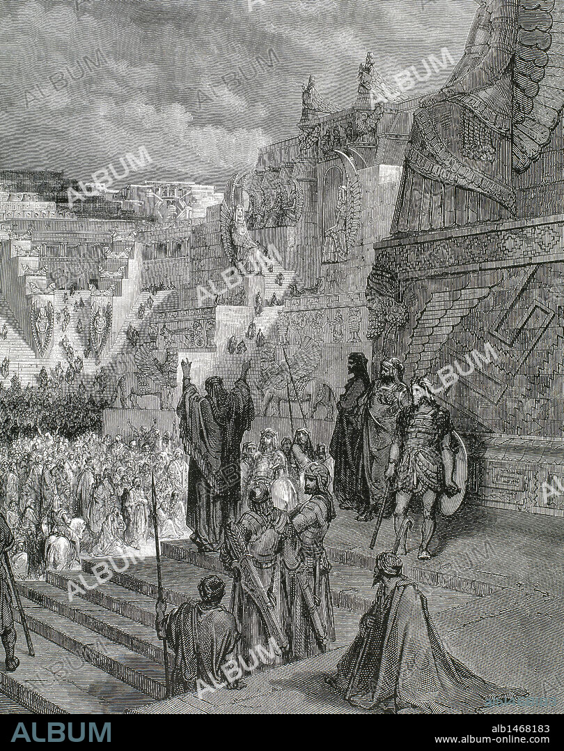 Artaxerxes I of Persia. King of the Persian Empire from 465 BC to 424 BC. Artaxerxes I gives freedom to the Israelites. Engraving by Ligny on an illustration from G. Dore  for "The Bible in images".