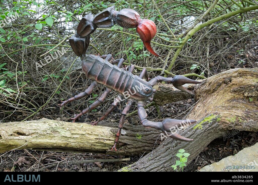 Pulmonoscorpius, an extinct giant scorpion that lived during the Carboniferous Period, in Dinosaurier Park, Germany.
