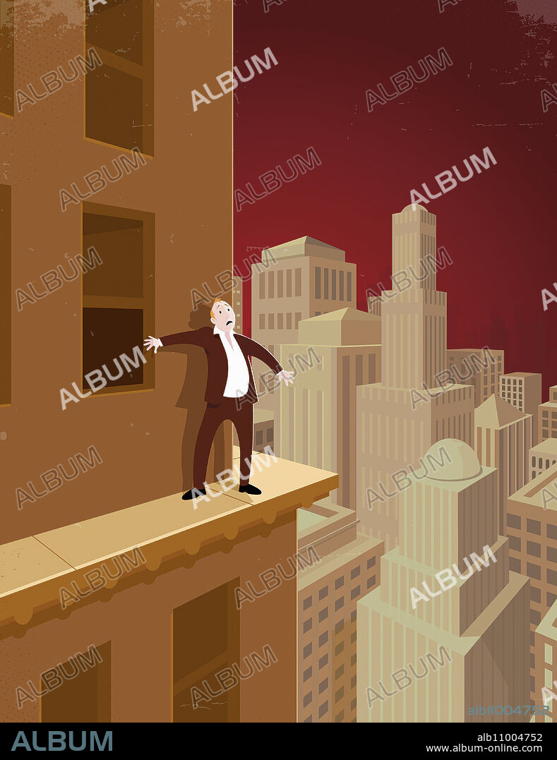 Frightened man standing on high ledge on skyscraper building.
