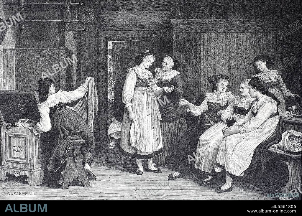 Hochzeitstag im Elsass, elsässische Braut, 1880, Frankreich, Historisch, digital restaurierte Reproduktion einer Originalvorlage aus dem 19. Jahrhundert.
