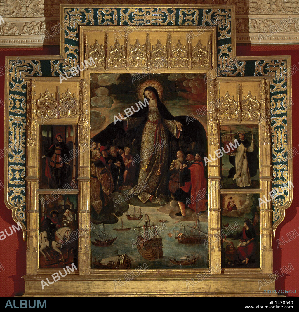 ARTE RENACIMIENTO. ESPAÑA. ALEJO FERNANDEZ (h.1475-1545 ó 1546). Pintor español. "VIRGEN DE LOS NAVEGANTES". Retablo perteneciente a la segunda época del pintor. Sala de la Contratación de los Reales Alcázares. Sevilla. Andalucía.