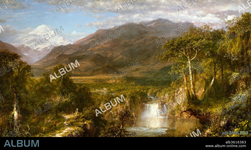Heart of the Andes. Artist: Frederic Edwin Church (American, Hartford, Connecticut 1826-1900 New York). Dimensions: 66 1/8 x 119 1/4in. (168 x 302.9cm). Date: 1859.
This picture was inspired by Church's second trip to South America in the spring of 1857. Church sketched prolifically throughout his nine weeks travel in Ecuador, and many extant watercolors and drawings contain elements found in this work. The picture was publicly unveiled in New York at Lyrique Hall, 756 Broadway, on April 27, 1859. Subsequently moved to the gallery of the Tenth Street Studio Building, it was lit by gas jets concealed behind silver reflectors in a darkened chamber. The work caused a sensation, and twelve to thirteen thousand people paid twenty-five cents apiece to file by it each month. The picture was also shown in London, where it was greatly admired as well.