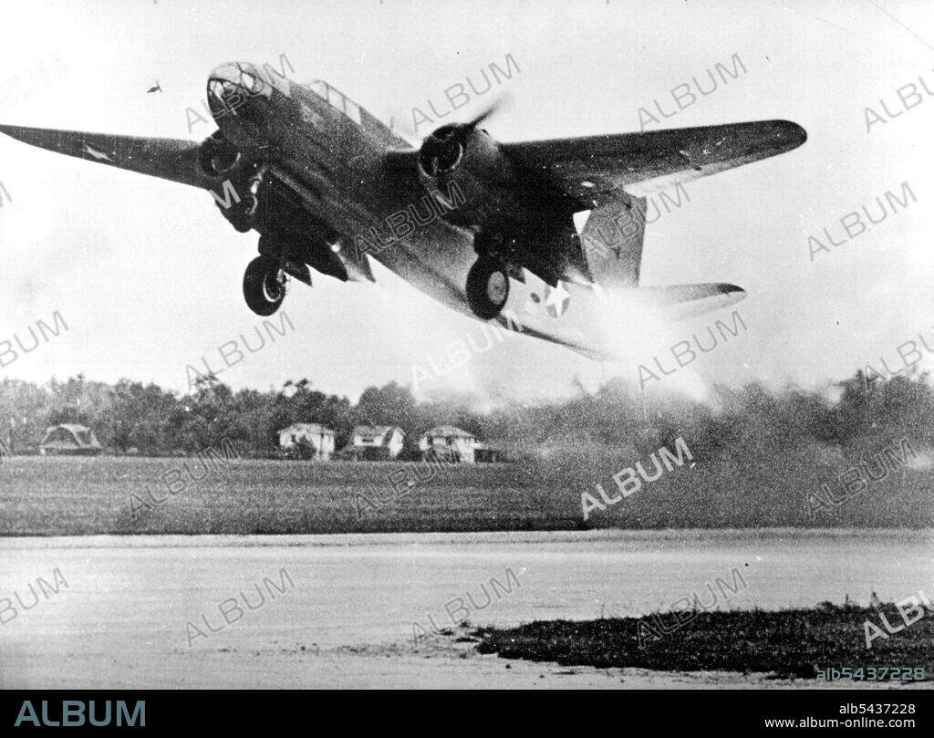 U.S. Bomber Fairly Leaps Into Air Given an extra boost by jet propulsion units, an American A-20 light bomber takes off in a hurry from a U.S. airfield, The units help lift heavily laden planes into the air after only a short take-off run. The U.S. Army Air Force has been experimenting with auxiliary jet propulsion units for four years. November 10, 1944. (Photo by U.S. Office of War Information).