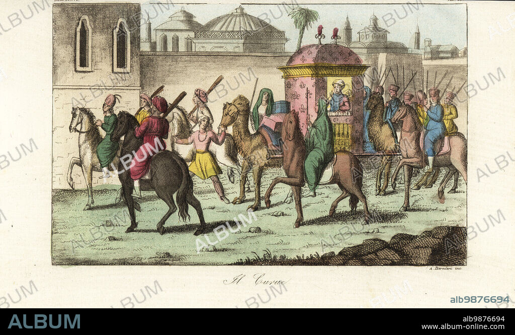 The Shah of Persias harem on the road. Eunochs on horseback clear away bystanders shouting Curuc! Forbidden! The favorite begum rides in a covered palnquin or sedan chair called a takti-revan between two camels. Other concubines follow on horseback. Il Curuc Handcoloured copperplate engraving by Andrea Bernieri from Giulio Ferrarios Costumes Ancient and Modern of the Peoples of the World, Il Costume Antico e Moderno, Florence, 1847.