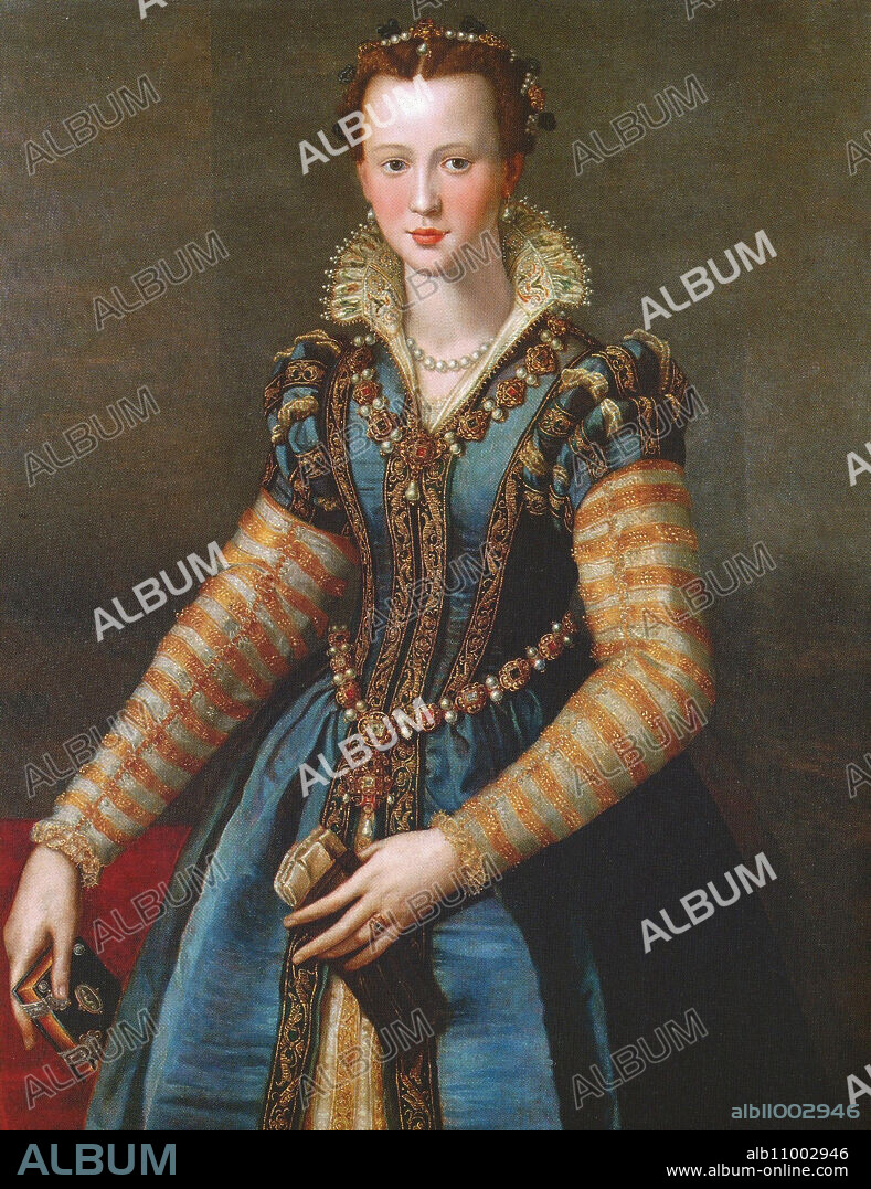 Eleonora of Toledo (1522 to December 17, 1562), also Eleonora di Toledo or Leonor de Toledo, descended from the Spanish noble family of Toledo and was Duchess of Florence through her marriage to Cosimo I de' Medici from 1539 until her death, Historical, digitally restored reproduction from a 19th century original..