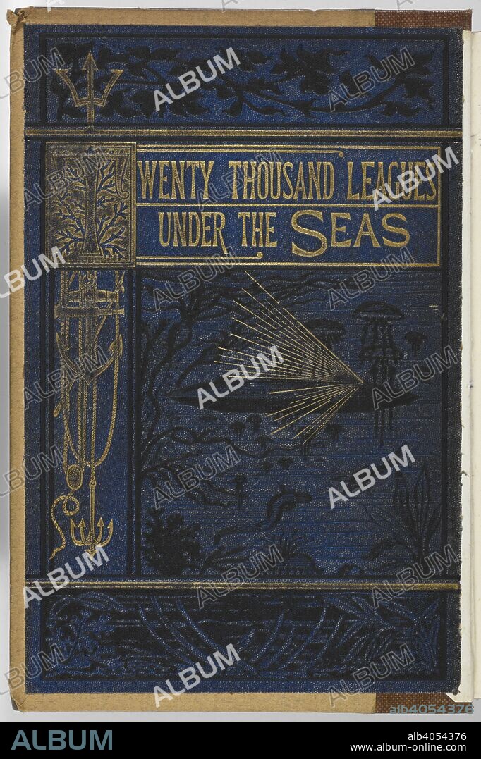 JULES VERNE. Illustrated front cover showing the submarine 'Nautilus'. Twenty thousand Leagues under the Seas Translated from the French With illustrations Third edition [Vingt Mille Lieues sous les Mers]. London : Sampson Low & Co., 1873. Source: 12516.g.21 front cover.