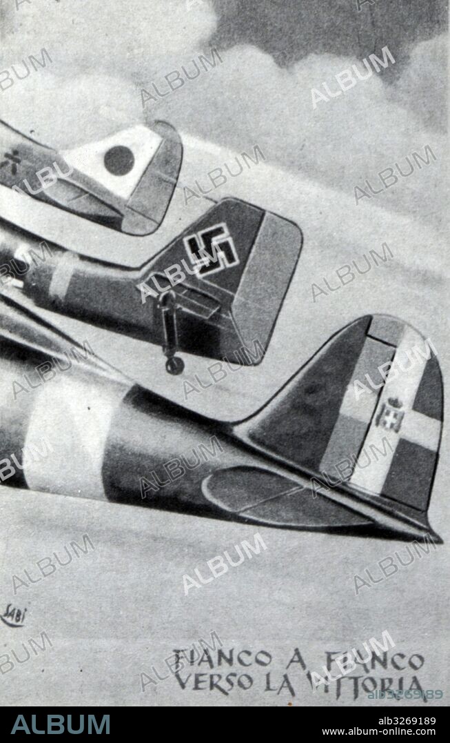 Propaganda postcard showing the flags of Nazi Germany, Fascist Italy and Imperial Japan. Dated 20th Century.