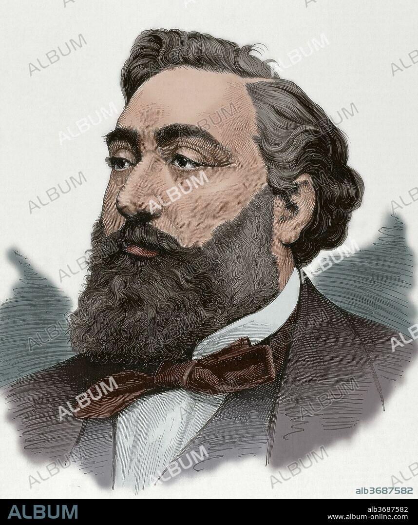 León Gambetta (Cahors, 1838-Ville d'Avray,1882). Abogado y estadista francés, uno de los fundadores de la III República. Presidente de la Asmblea Nacional francesa entre 1879 y 1881. Jefe de gobierno y ministro de asuntos exteriores entre 1881 y 1882. La Ilustración Española y Americana, 1883. Coloreado.