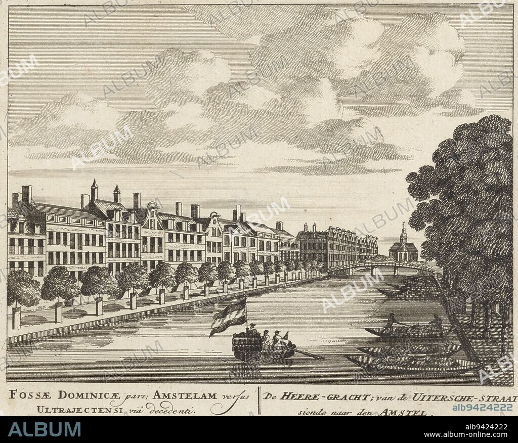 View of the Herengracht in Amsterdam, seen from the Utrechtsestraat, anonymous, 1757 - 1766, View of the Herengracht in Amsterdam, seen from the Utrechtsestraat towards the Amstel. In the background the Oosterkerk. Below the image the title in Latin and Dutch. Numbered bottom right: 81., print maker: anonymous, publisher: Pieter Schenk (I), (mentioned on object), publisher: Barent Greve, (possibly), Amsterdam, 1710 - 1711 and/or 1757 - 1766, paper, etching, engraving, h 168 mm × w 205 mm.