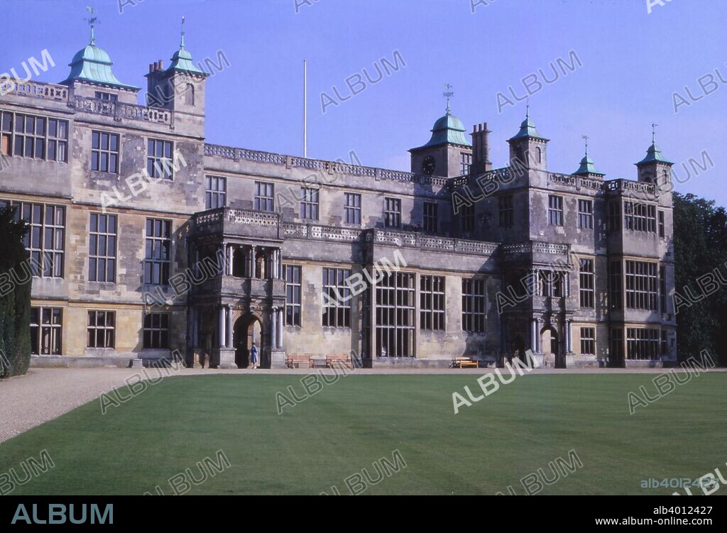 Jacobean Mansion  Audley End, Essex, 20th century. Early 17th-century country house outside Saffron Walden, Essex in England. It was once a prodigy house, and one of the finest Jacobean houses in England. Built by Thomas Howard, 1st Earl of Suffolk in 1603, primarily for entertaining the king, James I.
