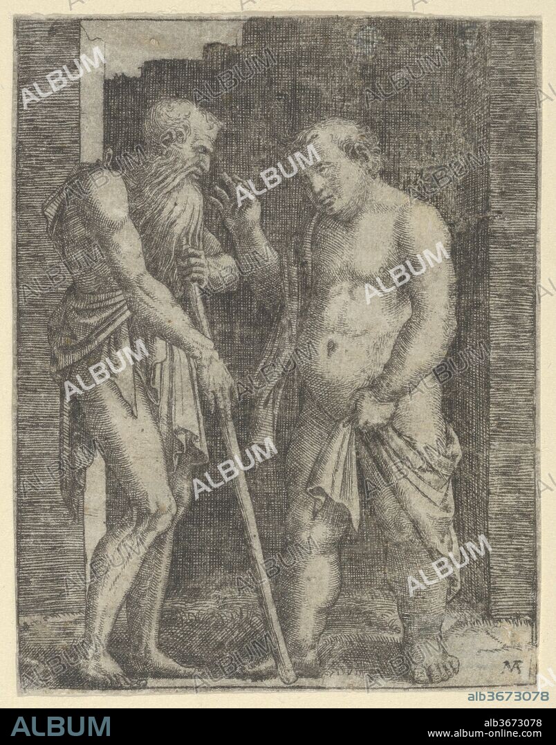 An old skinny man at left talking with a fat man at right. Artist: Marcantonio Raimondi (Italian, Argini (?) ca. 1480-before 1534 Bologna (?)). Dimensions: Sheet: 3 15/16 × 3 1/8 in. (10 × 7.9 cm). Date: ca. 1510-27.