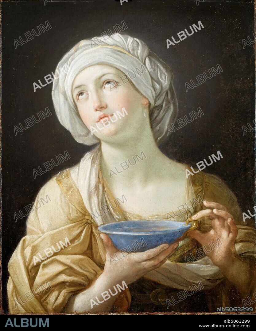 Portrait of a Woman, 1638-39 [Also known as Artemisia or Lady with a Lapis Lazuli Bowl] Guido Reni, The subject may represent Artemisia II of Caria (d.350 BC) wife of Mausolus, the governor of Caria in Asia Minor. After the death of her husband, she mixed his ashes in liquid which she drank, making herself a living tomb. The story was used as a symbol of a widow's devotion to her husband's memory., Baroque, Portrait, Old Master, Semi precious stone, Lapis Lazuli, Female, Costume, Hat, Bowl, Art Movement, Symbolism, Clothing, Turban.