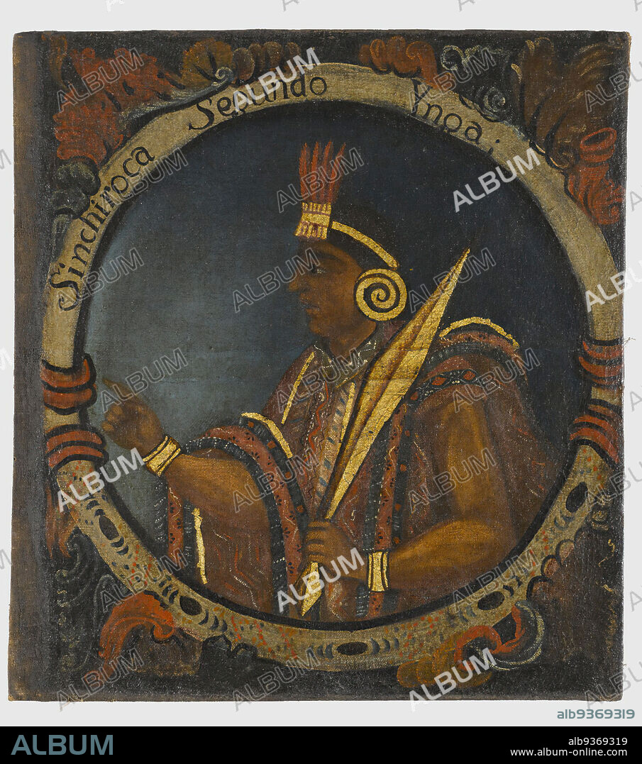 Sinchi Roca, Second Inca, 1 of 14 Portraits of Inca Kings, Peruvian, Oil on canvas, Peru, mid-18th century, probably, Colonial Period, 23 5/8 x 21 11/16in., 60 x 55.1cm, Andians, armbands, Conquest, earspools, headdress, hispanic heritage, historical, inca, king, latin american art, leader, man, oil on canvas, painting, peru, peruvian, portrait, power, pre-colonial, regal, royalty, ruler, society, spanish american art, staff.
