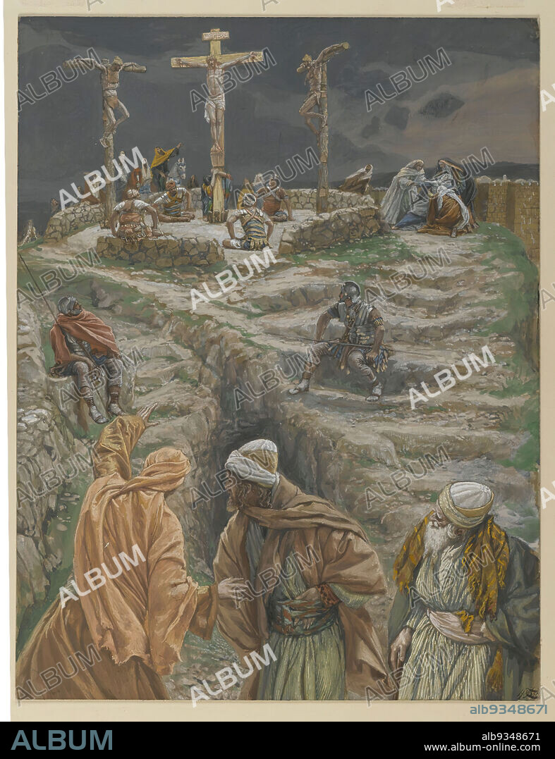 My God, My God, why hast thou forsaken me?, Eli, Eli lama sabactani, The Life of Our Lord Jesus Christ, La Vie de Notre-Seigneur Jésus-Christ, James Tissot, French, 1836-1902, Opaque watercolor over graphite on gray wove paper, France, 1886-1894, Image: 11 1/2 x 8 13/16 in., 29.2 x 22.4 cm, bible, biblical, christ, Christianity, cross, crucifixion, crucify, french, God, jesus, Mark 15:34-35, mountain, nailed, New Testament, opaque, paper, religion, religious, stormy, tissot, watercolor, weeping.