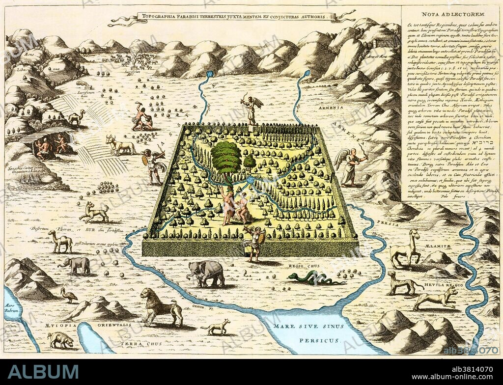 A depiction of the Garden of Eden and "topography of the earthly paradise" by Athanasius Kircher (1602-1680), from 1675.  Adam and Eve can be seen inside the walls, with angels at all four gates. Cain can be seen killing Abel at upper left outside the walls. Athanasius Kircher was a 17th-century German Jesuit scholar and polymath who published around 40 major works, most notably in the fields of Oriental studies, geology, and medicine.