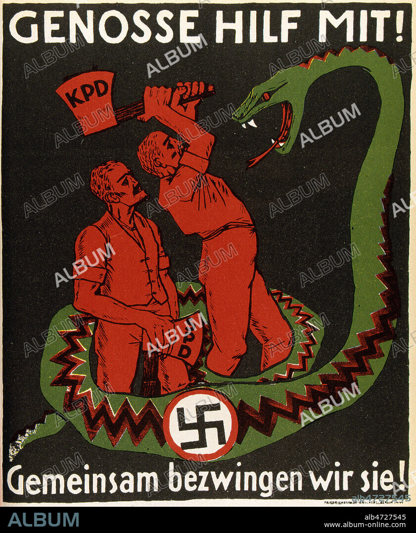 Affiche electorale allemande de 1933. Le parti communiste allemand KPD appelle le parti socialiste a son aide dans sa lutte contre les nazis. Montee des fascismes en Europe entre les deux guerres. Credit : Coll. JeanVigne/KHARBINE-TAPABOR.