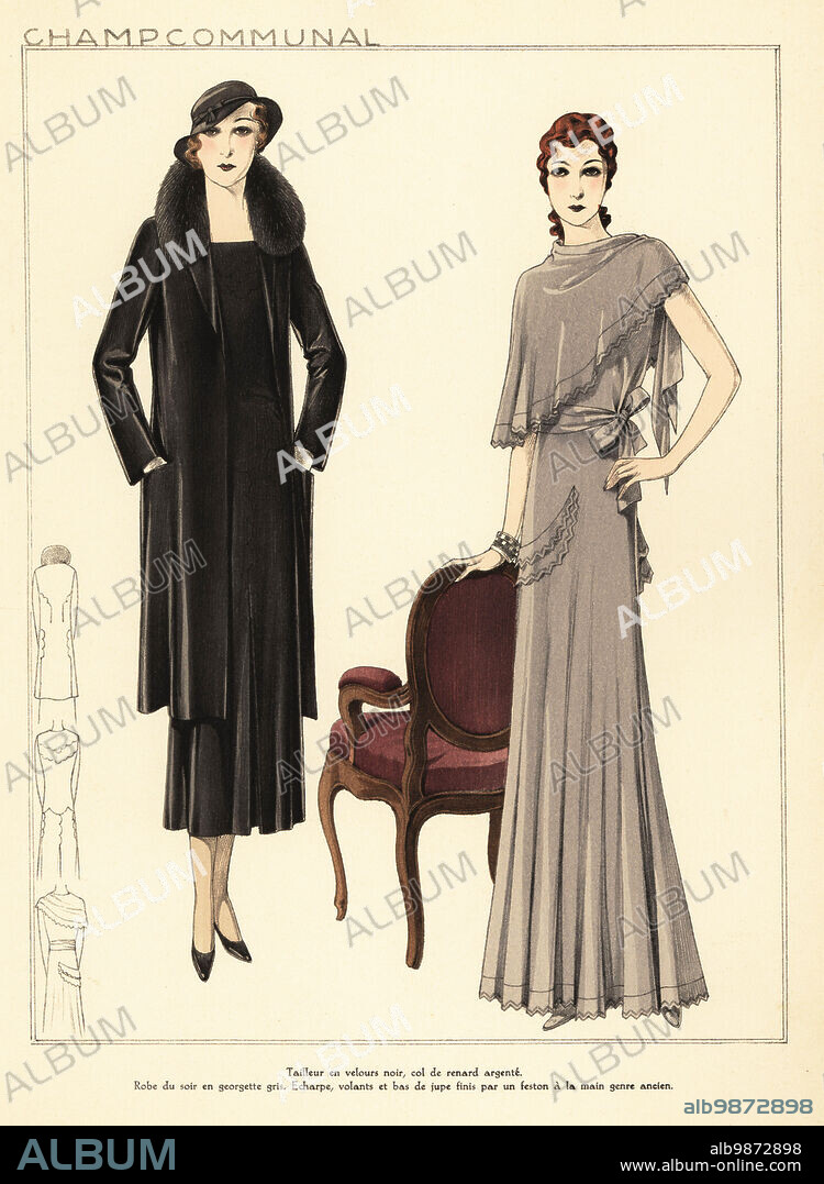 Woman in black velvet suit with silver fox collar. Woman in evening dress in grey georgette. Scarf, ruffles and skirt hem finished in an antique style. Marcel wave bob hairstyles. Fashion designs by Elspeth Champcommunal. Handcoloured pochoir lithograph from La Grande Couture, Creations pour la Femme Mondaine, Atelier Bachwitz, publisher of Chic Parisien, Vienna, September, 1931.