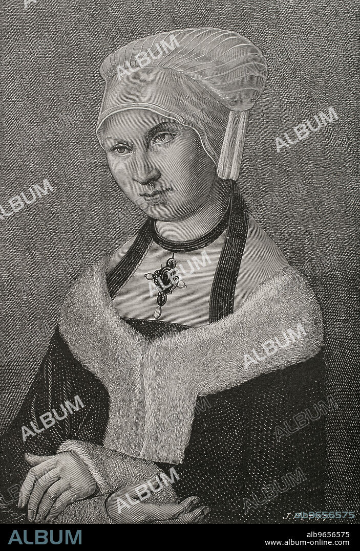 J. PETOT. 19TH CENTURY-ARTIST.. Sibila de Sajonia (1515-1592). Princesa sajona de la línea albertina de la Casa de Wettin. Duquesa de Sajonia-Lauenburgo por su matrimonio en 1540 con Francisco I de Sajonia-Lauenburgo (1510-1581). Retrato. Grabado por J. Petot. "Les Arts au Moyen Age et a l'Epoque de la Renaissance", por Paul Lacroix. París, 1877.