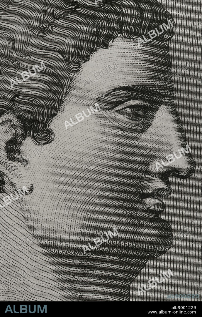 Marco Antonio (83-30 a.C.). Militar y político romano de la época de la República. Retrato, detalle. Grabado. "Los Héroes y las Grandezas de la Tierra". Tomo I. 1854.