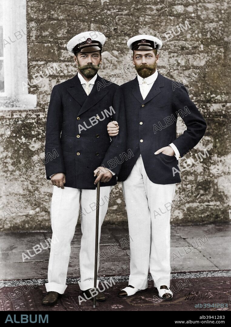 Tsar Nicholas II of Russia and King George V of Great Britain. Nicholas II (1868-1918) (left) became Emperor of Russia in 1894, while his cousin George V (1865-1936) ascended the British throne in 1910. Both men were grandsons of Queen Victoria (1819-1901). (Colorised black and white print).