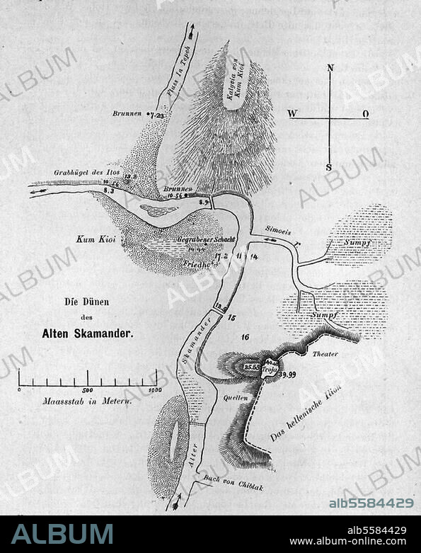 ANONYMOUS. Troy (Turkey). "The dunes of Old Skamander". (Map of the sourroundings of Troy with Skamander river after the excavations from 1870 under Heinrich Schliemann). Woodcut, image no. 20 from: H. Schliemann, Ilios, Stadt und Land der Trojaner, Leipzig (F.A. Brockhaus) 1881.