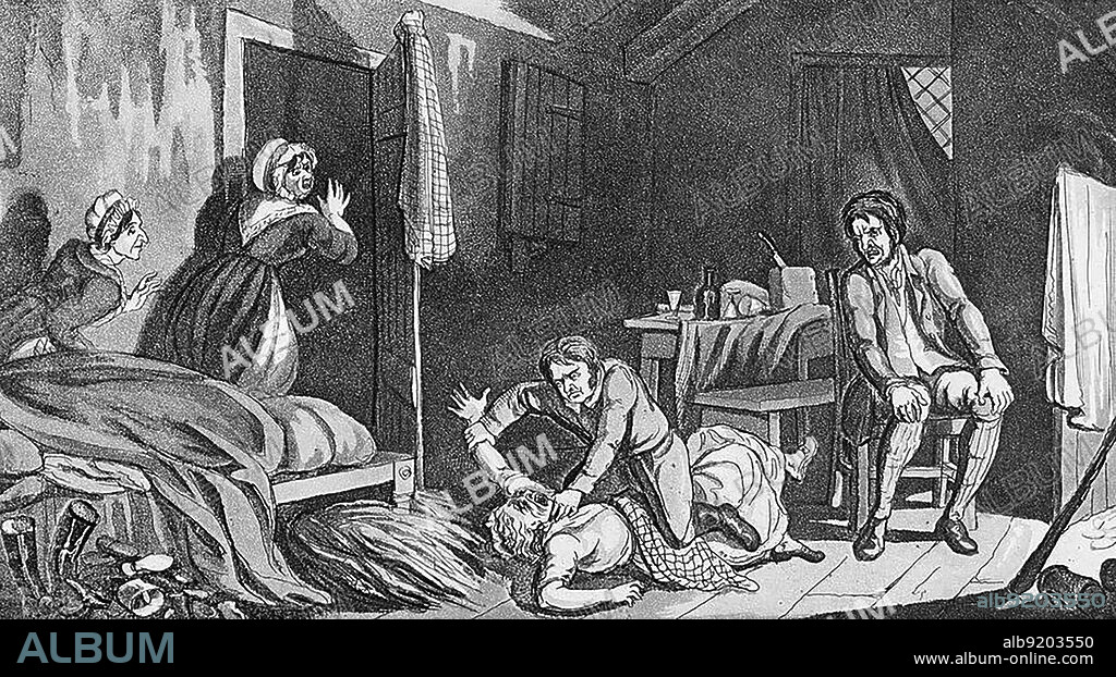 William Burke murdering Margery Campbell, the last of the Burke and Hare murders. Illustration by Robert Seymour, 1829. Colored etching of William Burke on trial. The Burke and Hare murders were a series of sixteen killings committed over ten months in 1828 in Edinburgh, Scotland, by Irish immigrants William Burke (1792-1829) and William Hare (1792-?), who sold the corpses to Robert Knox (1791-1862) for dissection at his anatomy lectures.