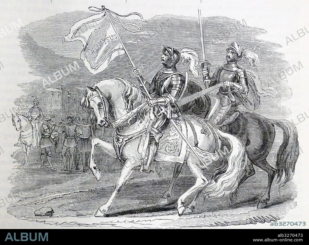 Engraving depicting the Oriflamme, the battle standard of the King of France in the Middle Ages. Dated 14th Century.
