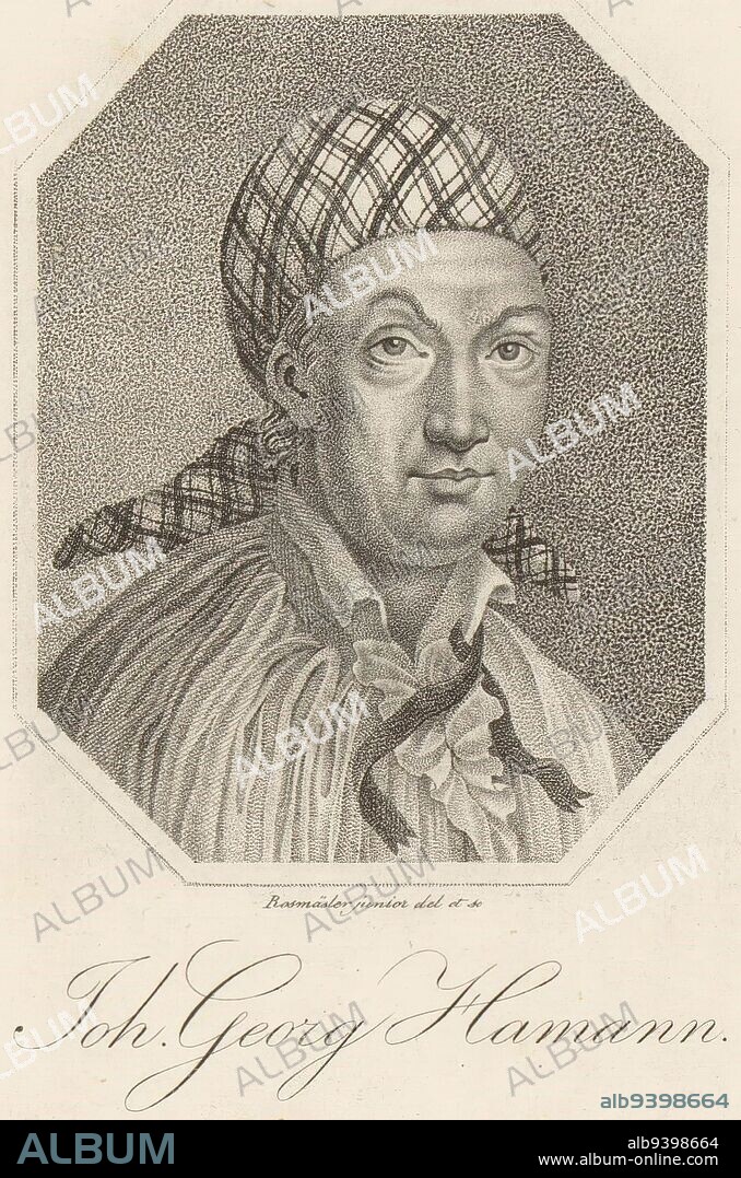 Portrait of Johann Georg Hamann, Friedrich Rossmässler junior, 1785 - 1858, print maker: Friedrich Rossmässler junior, (mentioned on object), Friedrich Rossmässler junior, (mentioned on object), 1785 - 1858, paper, engraving, h 164 mm - w 124 mm.