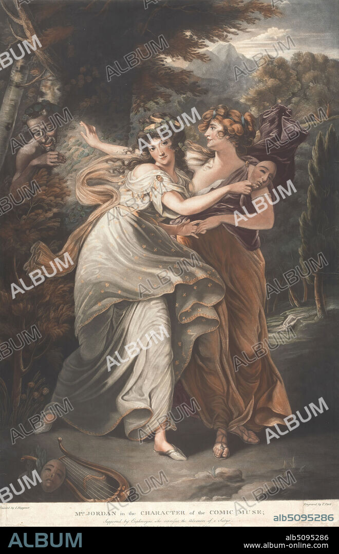Mrs. Jordan in the Character of the Comic Muse, Print made by Thomas Park, ca. 17601834, British, after John Hoppner, 17581810, British, 1787, handcolored, mezzotint (second state) on moderately thick, moderately textured, cream, laid paper, Sheet: 27 7/16 × 17 7/8 inches (69.7 × 45.4 cm) and Image: 25 13/16 × 17 5/8 inches (65.6 × 44.8 cm), clouds, dresses, forest, harp, ivy, lust, masks, mountain, religious and mythological subject, sash, satyr, sky, spying, Thalia (one of the Muses); 'Talia' (Ripa), women.