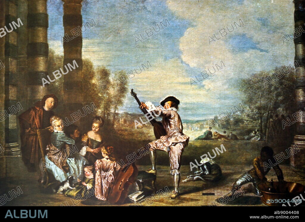 Oil painting by Antoine Watteau 1684 - 1721; les charmes de la vie. (The Music Party). 1718.
