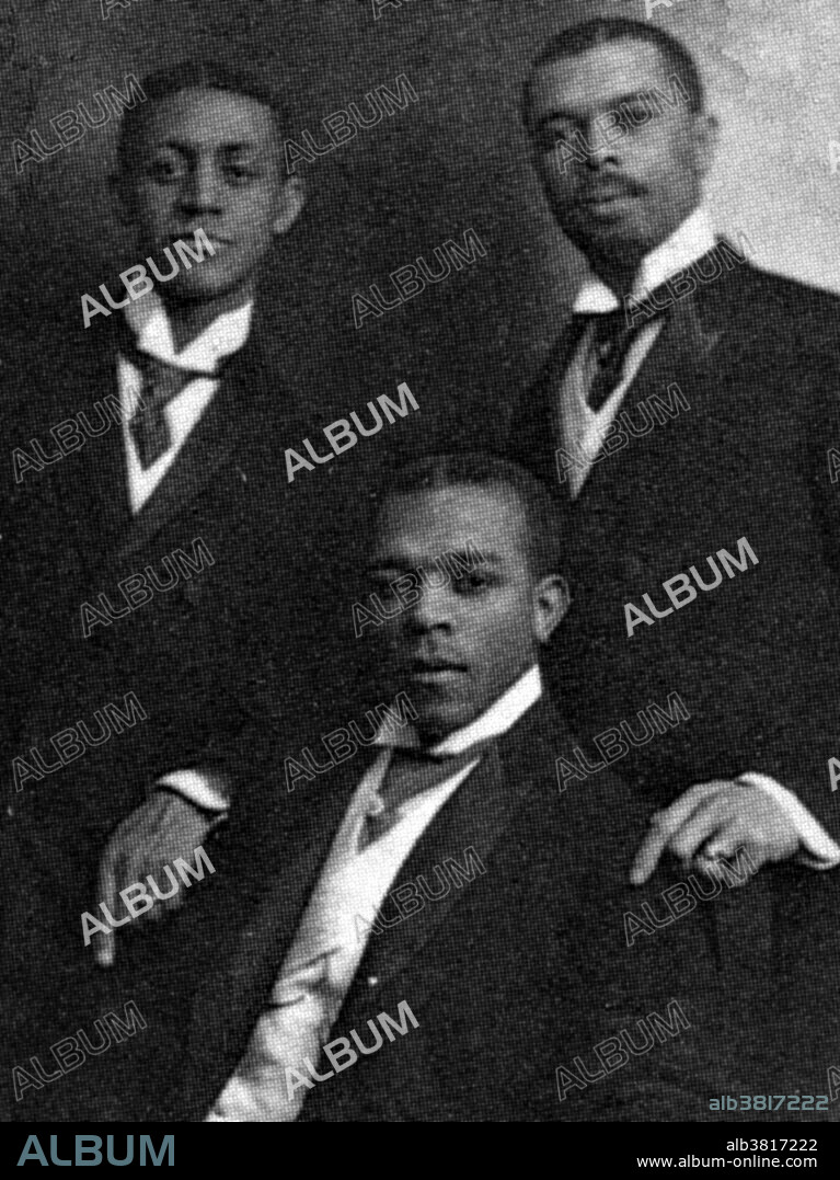 Johnson is seen here with his brother, Rosamond and their friend Robert Cole. They wrote music and lyrics for Broadway shows and were called "Those Ebony Offenbachs". James Weldon Johnson (June 17, 1871 - June 26, 1938) was an African-American author, politician, diplomat, critic, journalist, poet, anthologist, educator, lawyer, songwriter, and early civil rights activist. Johnson is remembered best for his leadership within the NAACP, as well as for his writing, which includes novels, poems, and collections of folklore. He was also one of the first African-American professors at New York University.