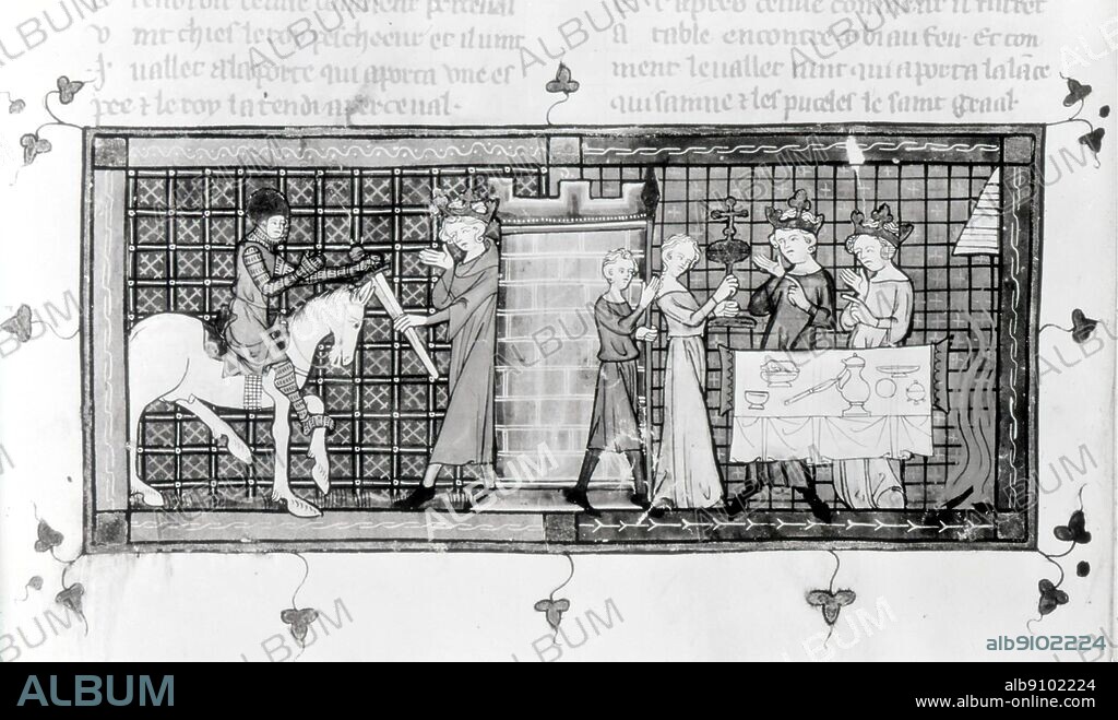 Perceval and the Fisher King at Graal Castle. The Fisher King or the Wounded King features in Arthurian legend as the latest in a line charged with keeping the Holy Grail. Versions of his story vary widely, but he is always wounded in the legs or groin, and incapable of moving on his own.