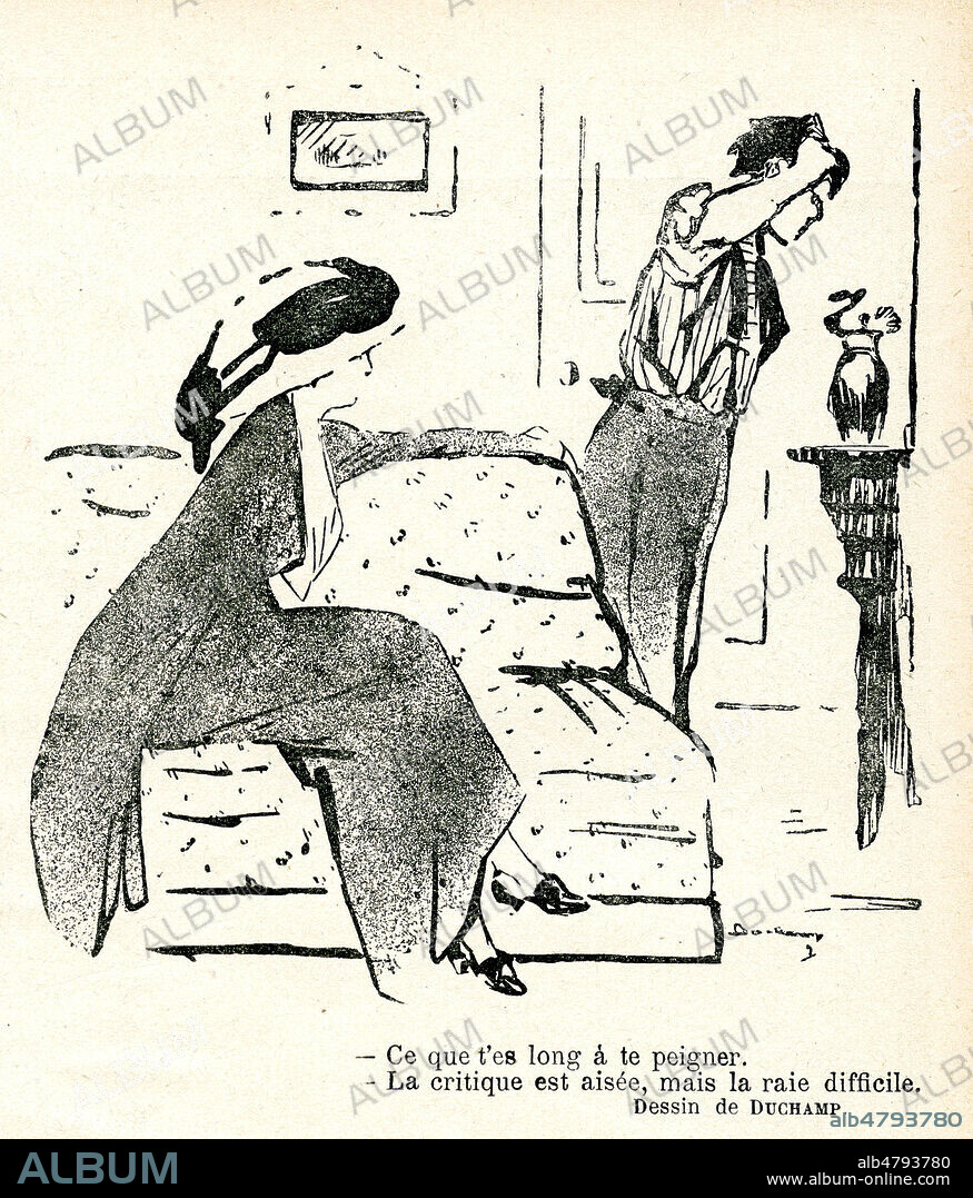 Ce que t'es long a te peigner. La critique est aisee mais la raie difficile. Caricature de Marcel DUCHAMP (1887-1968) pour Le Rire du 6 aout 1910. ADAGP. Credit : Collection Kharbine-Tapabor.