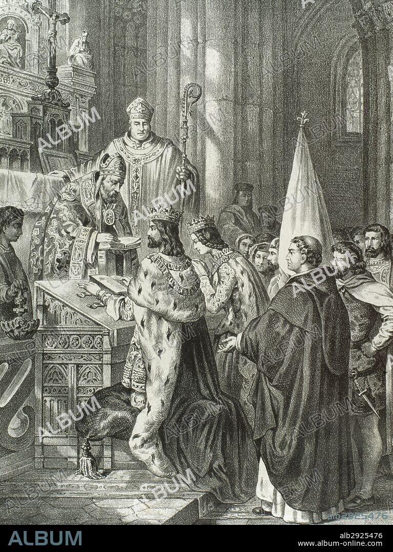 ALFONSO III "el Magno" (m. Zamora, 910). Rey de Asturias (866-910), elegido por los nobles a la muerte de su padre, Ordoño I. Logró que su reino se extendiera hasta el Duero y el Mondego. "BODA DEL REY ALFONSO CON JIMENA". Grabado de "Historia de España Ilustrada", del siglo XIX.