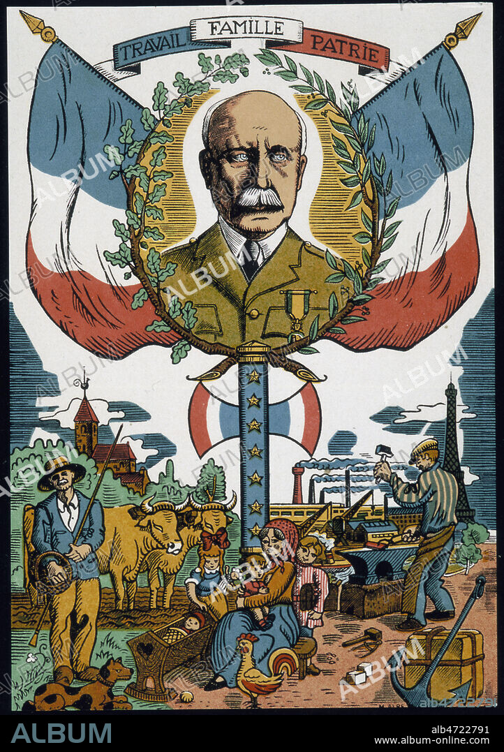 Portrait du Maréchal Philippe Pétain sous cartouche "Travail, Famille, Patrie" au dessus d'une scène représentant la France rurale et industrielle. Revolution nationale 1942. Propagande du gouvernement de Vichy . Credit Collection IM/Kharbine Tapabor.
