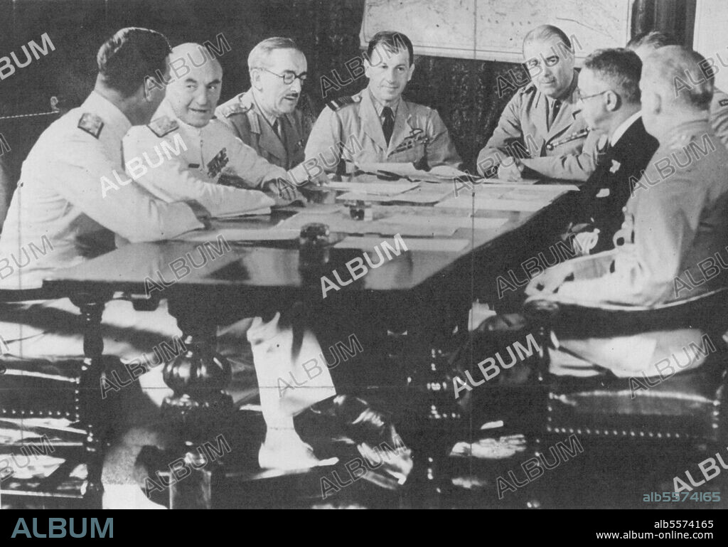 British And Canadian Chiefs Of Staff Confer In Quebec - Left to right: Lord Louis Mountbatten Chief of Combined Operation), Admiral of the Fleet air Dudley Pound (Chief of Naval Staff) General Sir Alen Brooke (C.I.G.S.) Air Chief Marshal Sir Charles Mortal (Chief of Air Staff) Lieut. Gen. Sir H. Ismay Chief of Staff to Minister of Defence) Air Marshal. S. Breadner (Canadian Chief of Air Staff) and Lieut. ***** R. Stuart (Canadian Army Chief of Staff) at the Hotel Frontenac.Conference of the British and Canadian chiefs of staff during the Anglo-Canadian meetings in Quebec. August 25, 1943. (Photo by British Official Photograph).