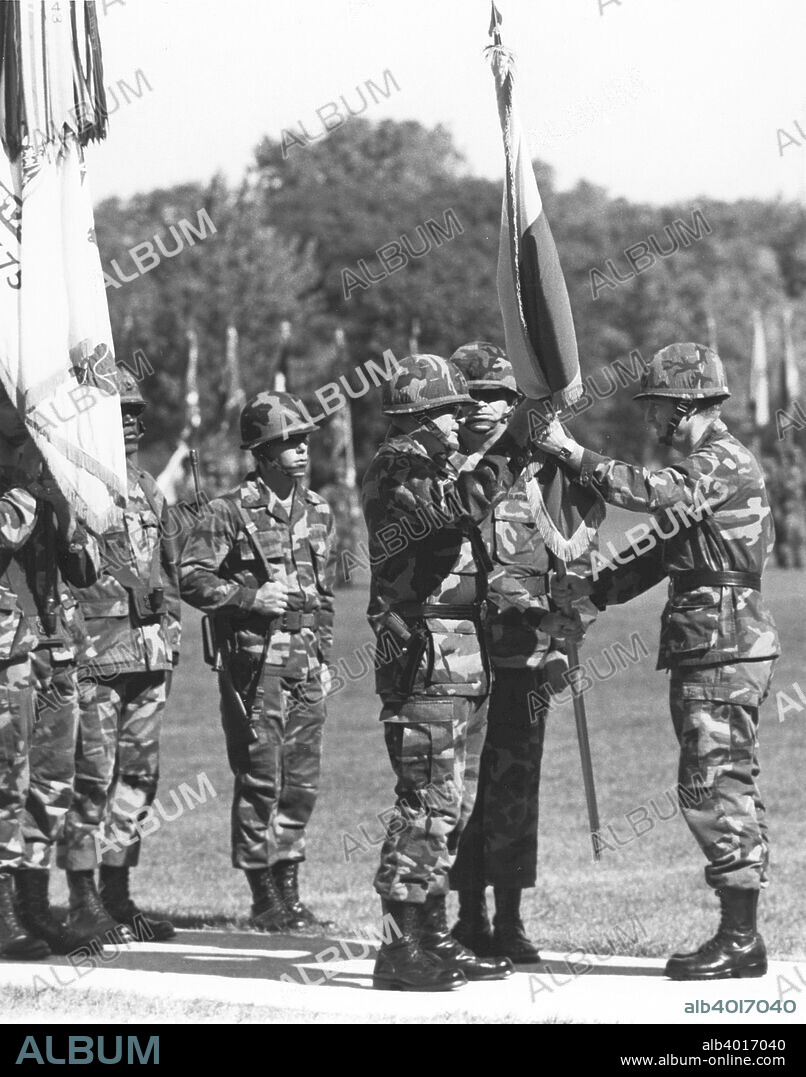 Soldiers on parade, Fort Sheridan, Illinois, USA, 1975. Fort Sheridan was a US Army base on the shores of Lake Michigan just north of Chicago.