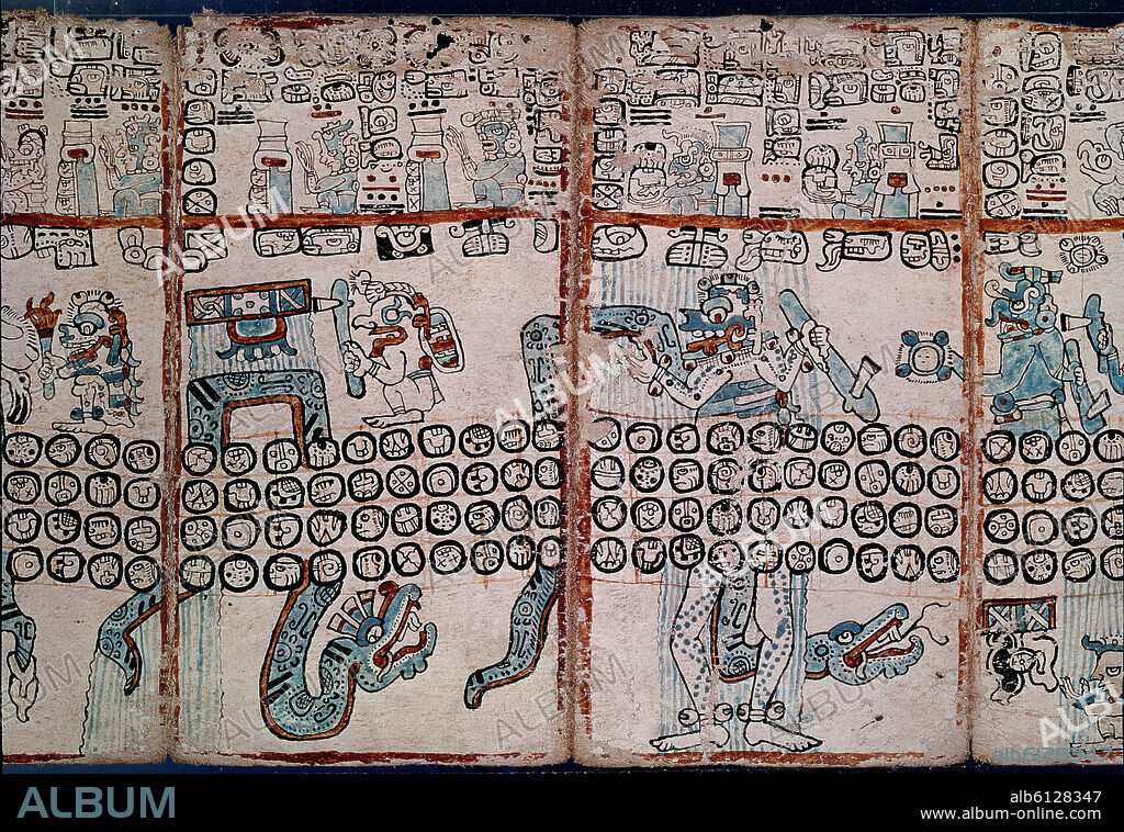 PAGINA DE CODICE TRO-CORTESIANO O DE MADRID - CODICE MAYA HECHO ENTRE EL SIGLO XIII Y XV - DIOSES Y HOMBRES.