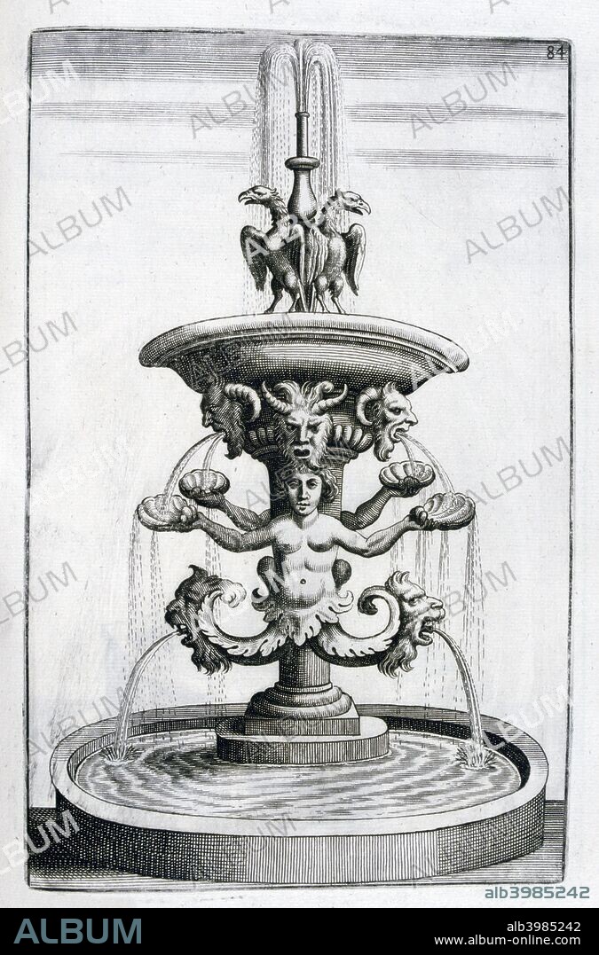Fountain design, 1664. Elaborate designs for Baroque fountains for public squares and private country house gardens in the French, German, British and Italian styles are featured in this series of architectural studies. A plate from from Architectura Curiosa Nova, Paulus Fürst, Nuremberg, 1664. Found in the collection of Jean-Claude Carrière.