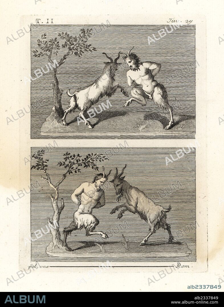 Two satyrs butting heads with goats. The rural god Pan is also depicted in this posture. Copperplate engraving by Tommaso Piroli from his Antiquities of Herculaneum (Antichita di Ercolano), Rome, 1789.