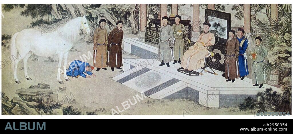 Qianlong takes a horse as Tribute from Tartar envoys. . The Qianlong Emperor (sixth emperor of the Manchu-led Qing Dynasty), from 1735 to 1796. Painted by Giuseppe Castiglione, (1688 – 1766), Italian Jesuit lay priest, who served as a missionary in China, where he became a painter at the court of the emperor.
