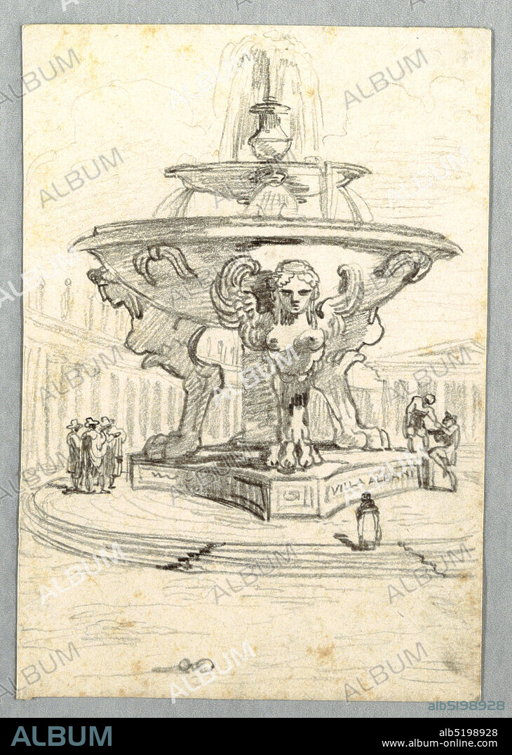 Fountain Supported by Three Harpies and Three Groups of People in Garden in Villa Albani, Rome, Felice Giani, Italian, 17581823, Black chalk on off white wove paper, Large fountain with two bowls, lower basin supported by central post and three winged Harpies. Three groups of people nearby on platform., Italy, 17801820, figures, Drawing, Drawing, Fountain Supported by Three Harpies and Three Groups of People in Garden in Villa Albani, Rome, Felice Giani, Italian, 17581823, Black chalk on off white wove paper, Large fountain with two bowls, lower basin supported by central post and three winged Harpies. Three groups of people nearby on platform., Italy, 17801820, figures, Drawing, Drawing.