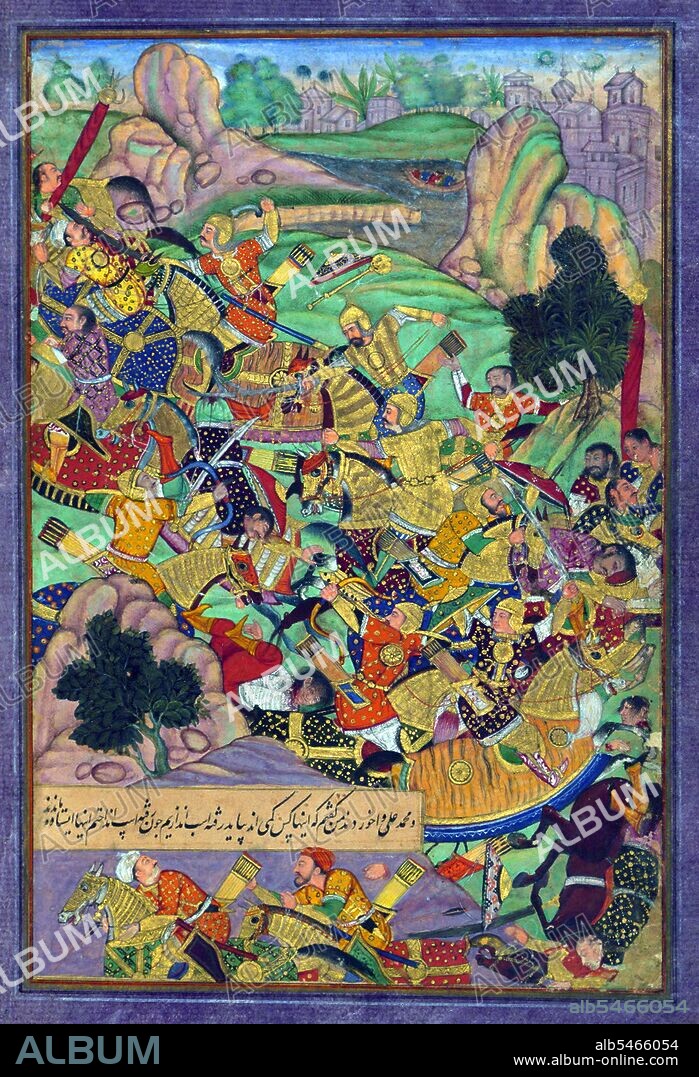 Baburnama (Chagatai/Persian: ???? ????;´, literally: 'Book of Babur' or 'Letters of Babur'; alternatively known as Tuzk-e Babri) is the name given to the memoirs of ?ahir ud-Din Mu?ammad Babur (1483-1530), founder of the Mughal Empire and a great-great-great-grandson of Timur. It is an autobiographical work, originally written in the Chagatai language, known to Babur as 'Turki' (meaning Turkic), the spoken language of the Andijan-Timurids. Because of Babur's cultural origin, his prose is highly Persianized in its sentence structure, morphology, and vocabulary, and also contains many phrases and smaller poems in Persian. During Emperor Akbar's reign, the work was completely translated to Persian by a Mughal courtier, Abdul Rahim, in AH 998 (1589-90 CE). This painting depicts the Mughal emperor Babur with his brave companions confronting their enemies in the mountains of Kharabuk and Pashamun. The text refers to Babur and his few men deciding to charge the enemy.