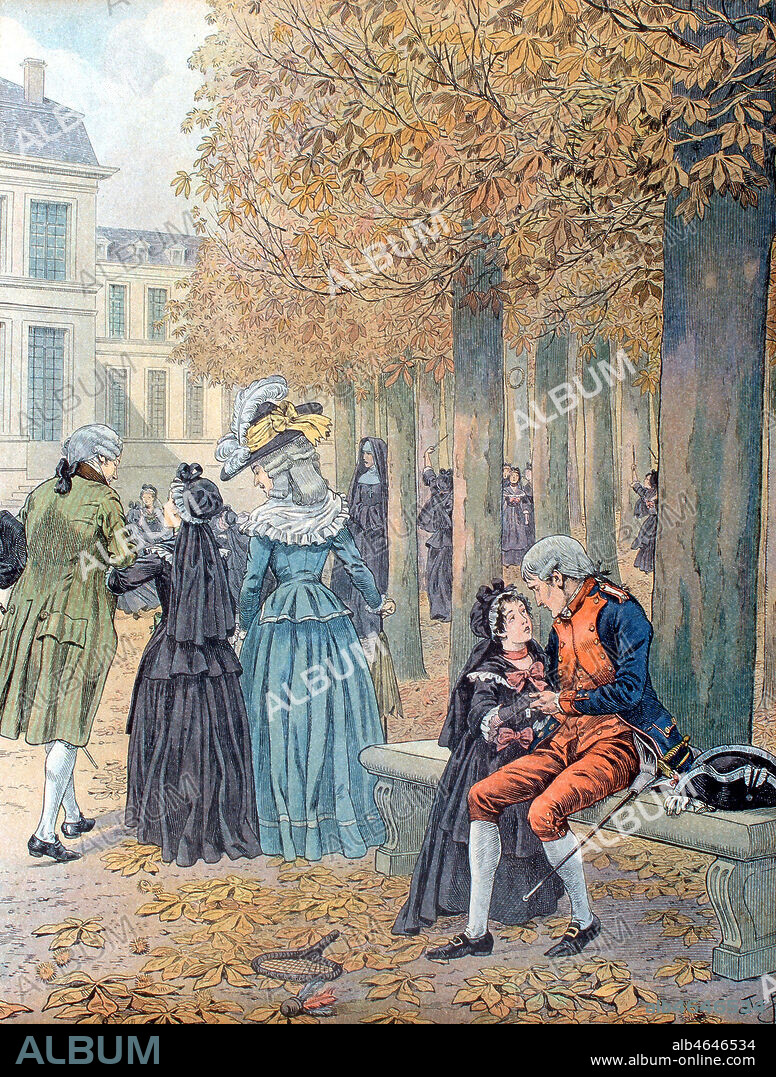 'Saint-Cyr'. Fondee a Fontainebleau par le Premier Consul Napoleon Bonaparte (1769-1821) le 28 janvier 1802, l'Ecole Speciale Militaire (ESM) a l'ambition de constituer un corps d'officiers aux competences adaptees aux besoins du dix-neuvieme siecle naissant. En 1808, l'ESM est transferee pres de Paris a Saint-Cyr dans l'ancienne maison royale des demoiselles de Maintenon, qui lui donne son nom. Madame de Maintenon fonda l'institution de Saint-Cyr pour eduquer les jeunes filles en 1686. Chromotypographie de Job, in 'Bonaparte' de G. Montorgueil, éd. Paris, 1910.. Credit : Collection IM/Kharbine-Tapabor.